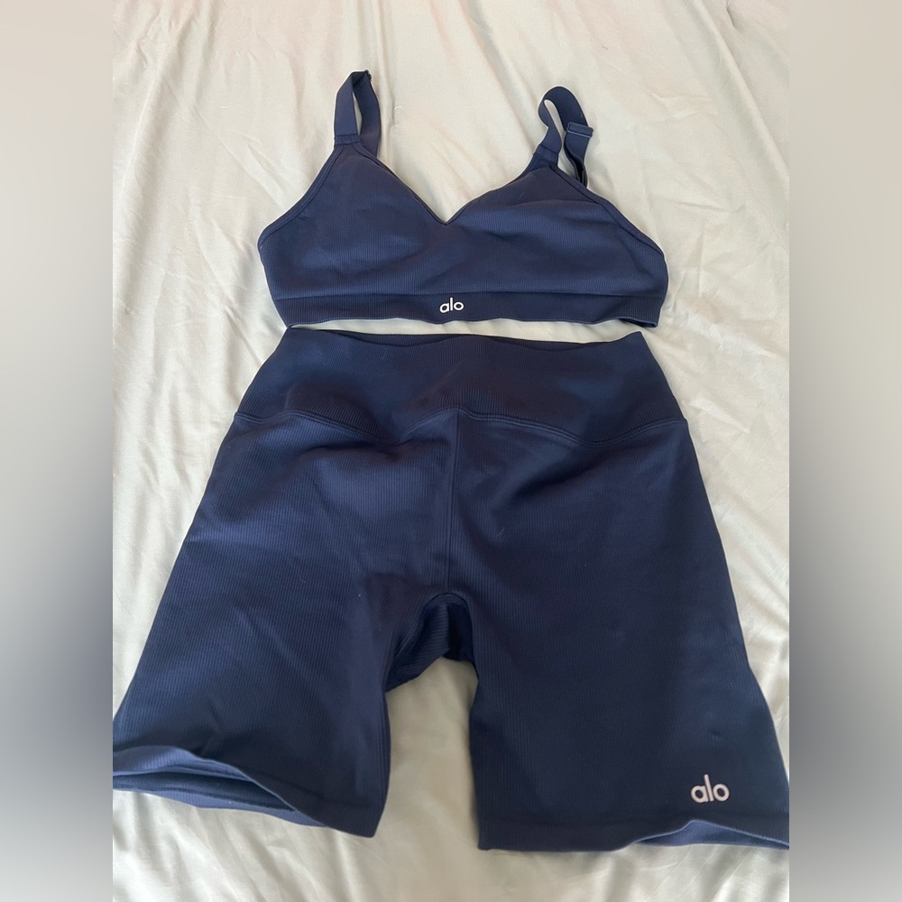 ALO Yoga Navy Blue Sports Bra and Shorts Set